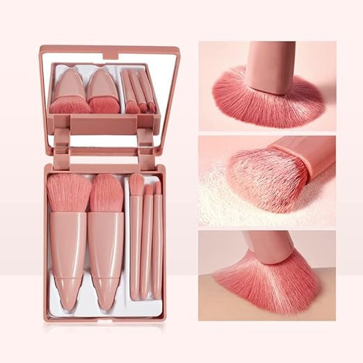 MINISO Portable 5Pcs Travel Makeup Brush Set with Makeup Mirror in Brush Case - Lip Brush Blending Powder Brush Eyeshadow Brush - Multicolor