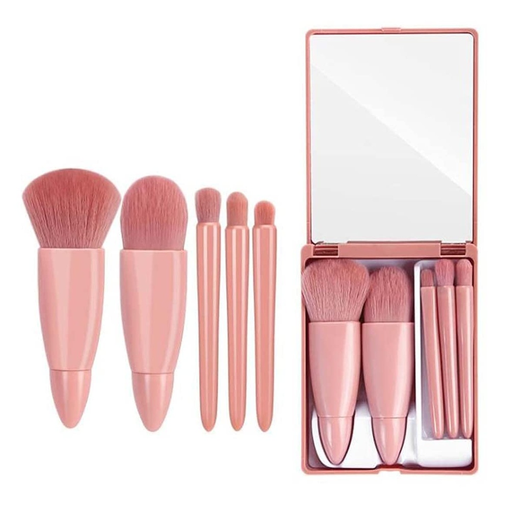 MINISO Portable 5Pcs Travel Makeup Brush Set with Makeup Mirror in Brush Case - Lip Brush Blending Powder Brush Eyeshadow Brush - Multicolor